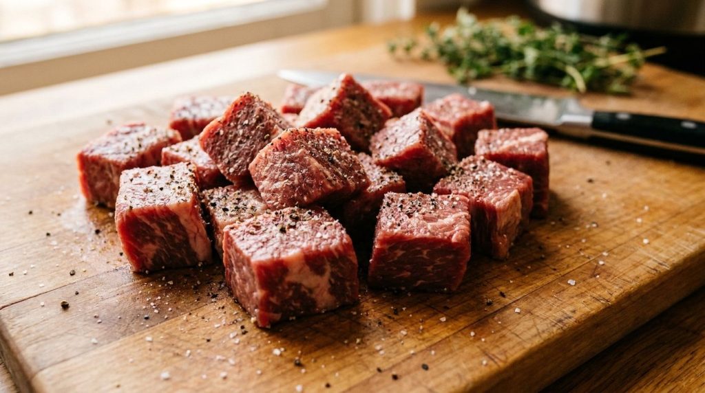 Cubed beef stew meat seasoned with salt and pepper ready to be seared or added to the slow cooker