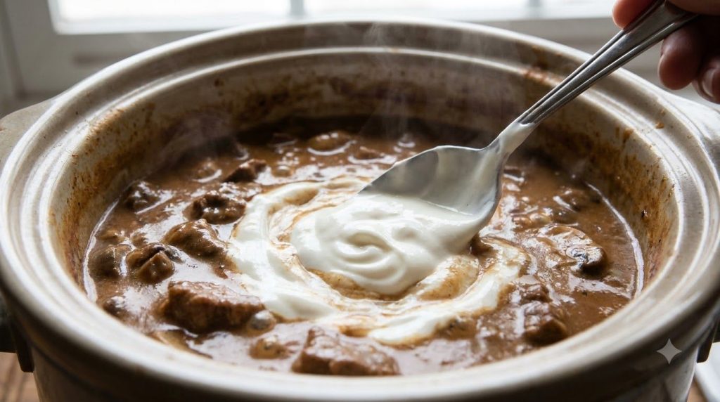 A close-up of a spoon stirring sour cream into the thickened beef stroganoff in the slow cooker