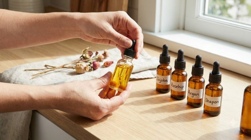 Hands mixing a small glass bottle of facial oils showing the various ingredient bottles on a clean surface