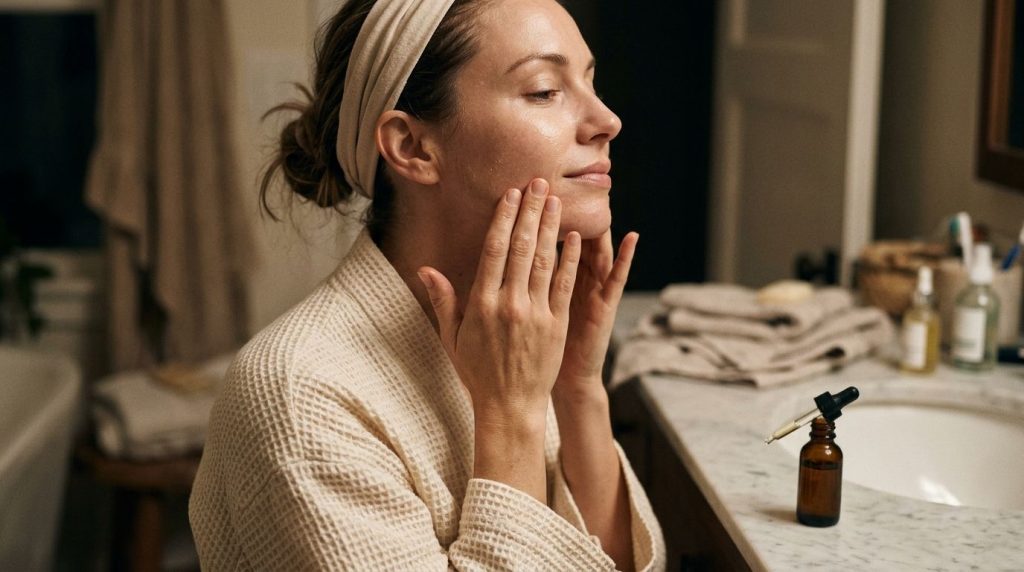 A woman gently massaging the Botox Oil onto her face during her nighttime routine with soft lighting