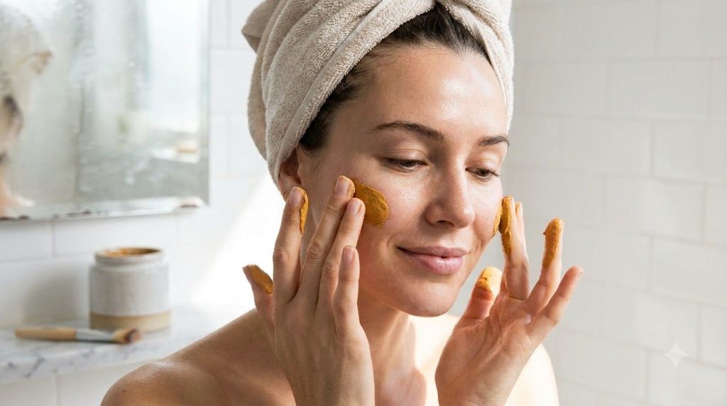Woman applying face mask with gentle circular motions