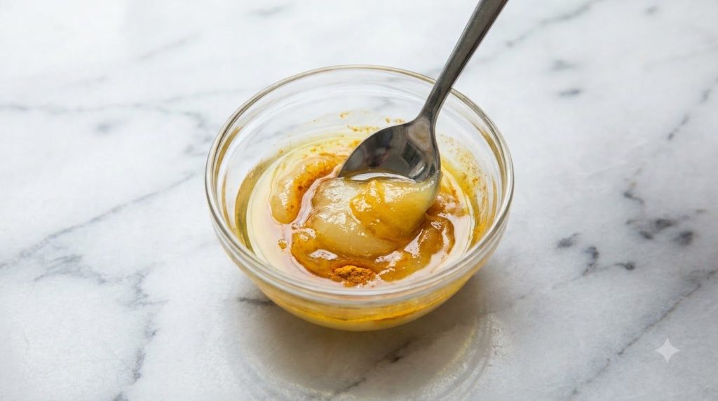 Mixing bowl with Vaseline baby oil and turmeric being stirred to form a paste