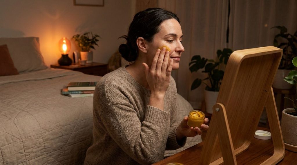 A woman gently applying a thin layer of the yellow Vaseline and turmeric mixture to her clean face before bedtime with a