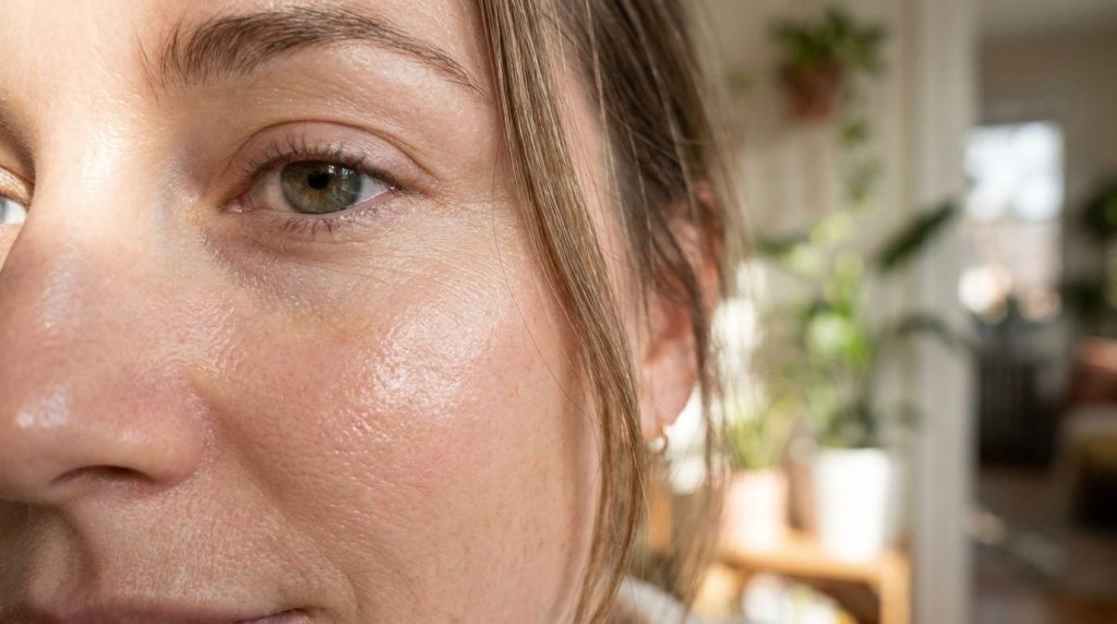 A close-up of a glowing clear complexion after an overnight beauty treatment with a soft focus on healthy hydrated skin