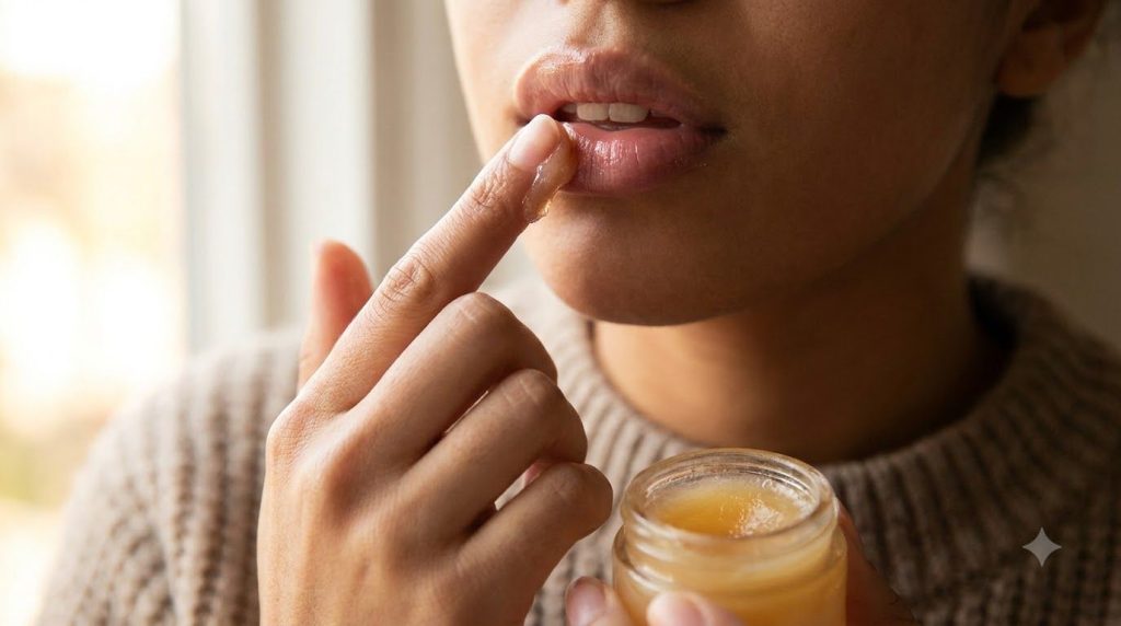 A close-up of soft plump lips with a subtle sheen gently applying a mixture of Vaseline and honey A small jar of Vaselin