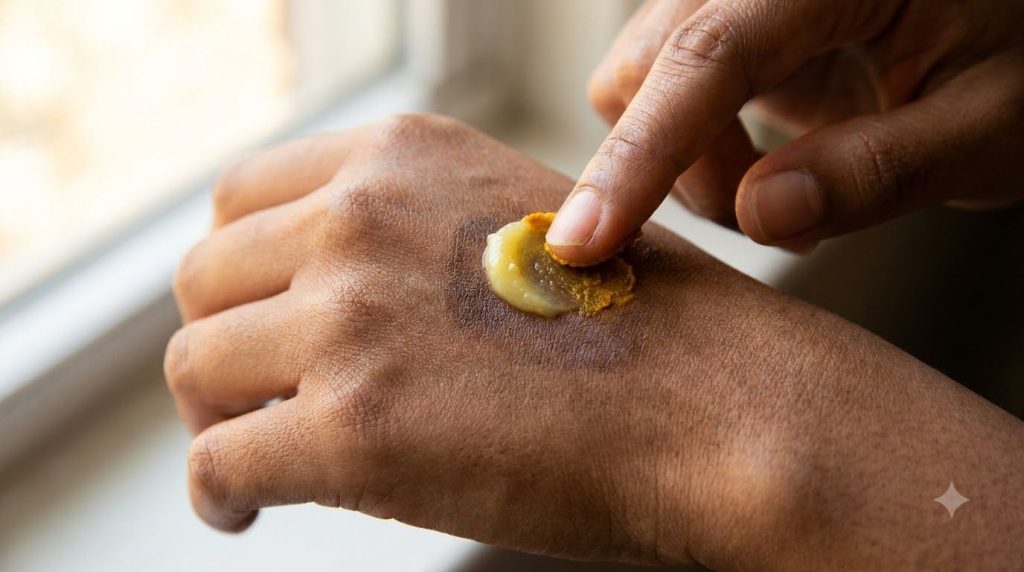 A small delicate hand applying a yellowish Vaseline and turmeric paste to a small dark spot on the back of another hand 