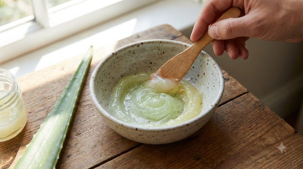 A close-up of a hand mixing Vaseline and fresh aloe vera gel in a small bowl with a smooth dewy-looking face in the blur