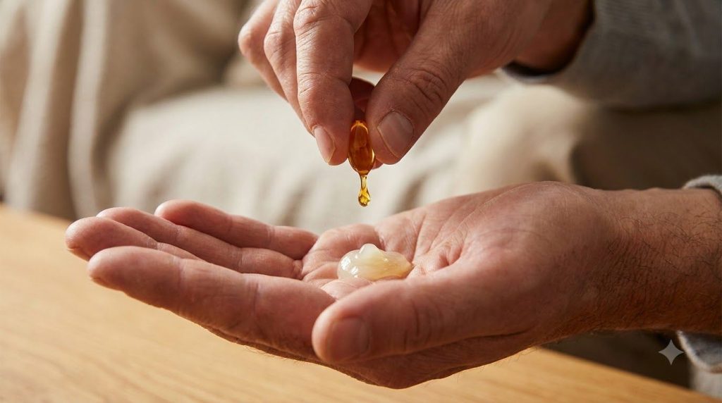 A close-up of a hand squeezing a Vitamin E capsule s oil into a small amount of Vaseline in a palm ready to be mixed The