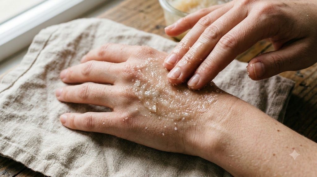 A close-up of hands gently massaging a homemade Vaseline and sugar scrub onto skin showing the exfoliating texture A sma