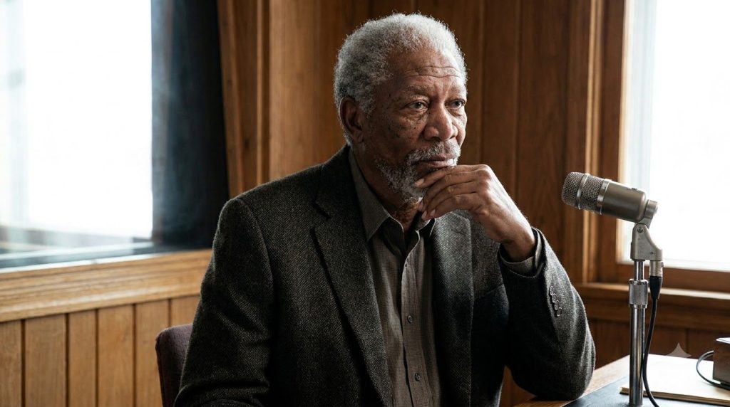 A professional portrait of Morgan Freeman showcasing his distinctive voice and calm demeanor perhaps in a studio setting