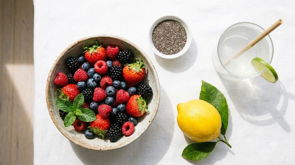 A flat lay of fresh ingredients for the collagen support drink a bowl of mixed berries a small dish of chia seeds a whol