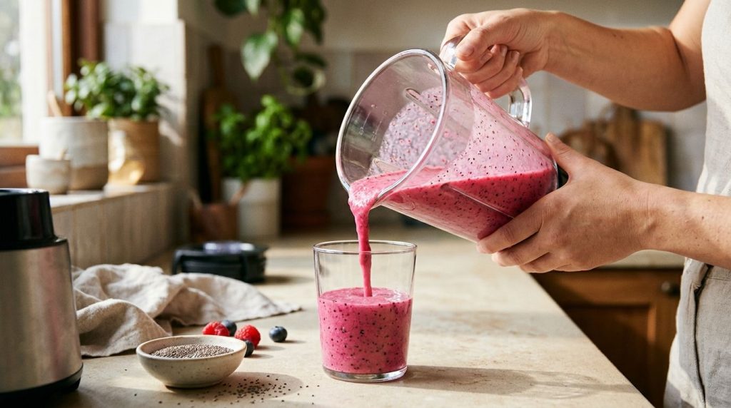 A woman pouring the freshly blended berry and chia seed drink into a glass showing the final step of preparation