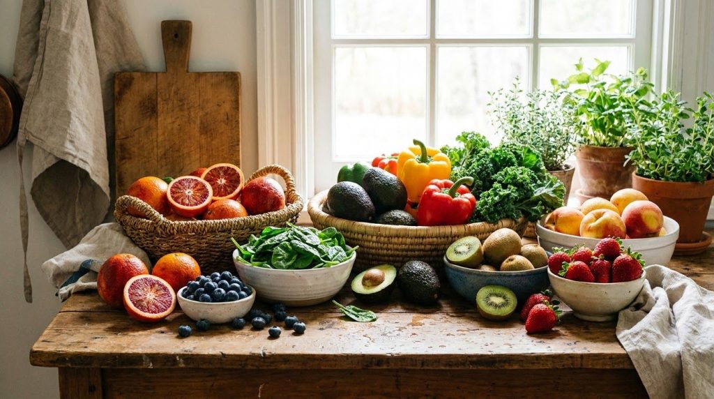 A variety of colorful fruits and vegetables rich in vitamins such as oranges spinach bell peppers berries and nuts arran