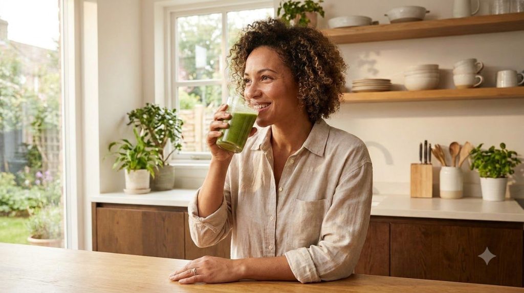 A woman drinking a smoothie suggesting healthy internal intake for beauty with a bright and natural background