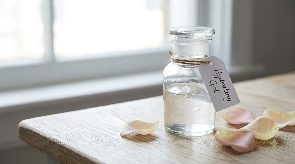 A small elegant glass jar filled with the homemade clear hydrating gel mix placed on a clean surface with a few rose pet