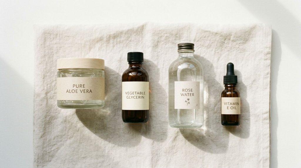A flat lay of the ingredients a container of pure aloe vera gel a small bottle of vegetable glycerin a bottle of rose wa