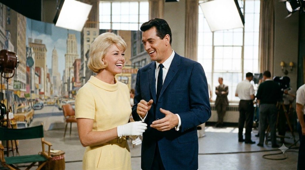 Doris Day and Rock Hudson in a still from one of their classic romantic comedies laughing together in a playful scene