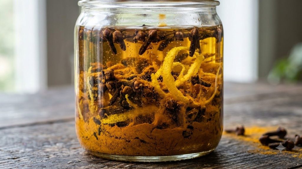 Close-up of a glass jar with whole clove buds lemon zest and turmeric powder steeping in a clear carrier oil