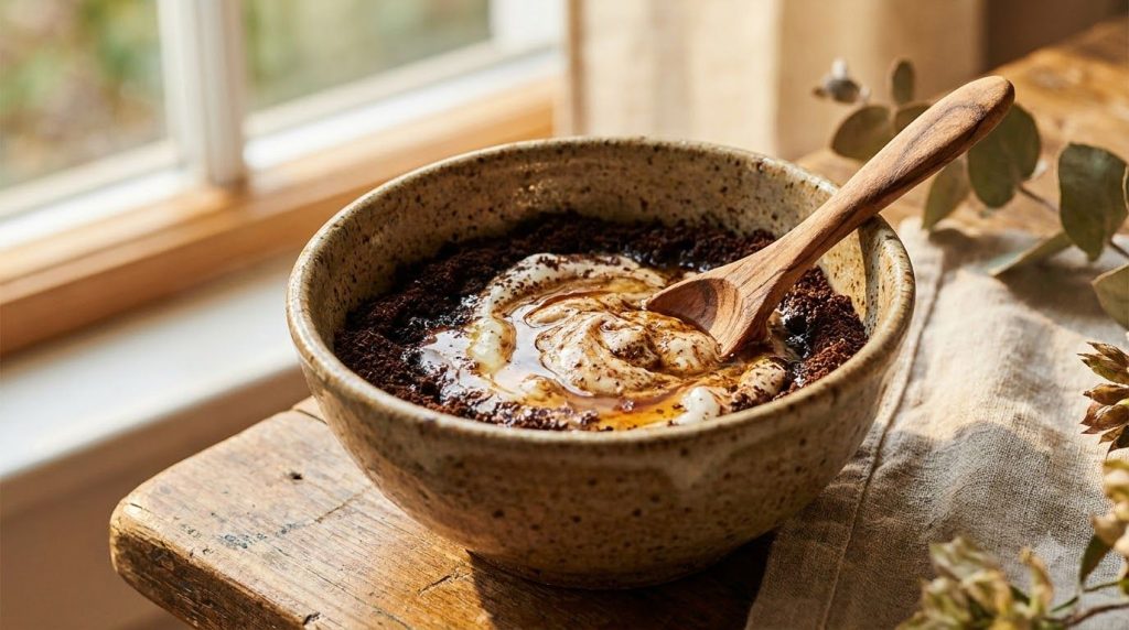 Close-up of a small bowl containing the mixed coffee yogurt and honey face mask ready for application