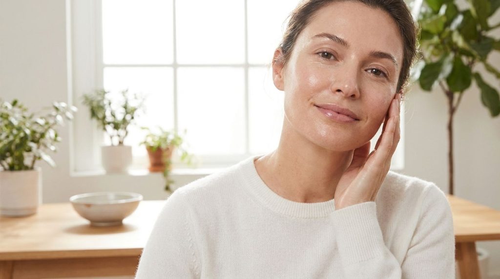 A woman smiling with glowing clear skin after using a natural face mask symbolizing radiant results