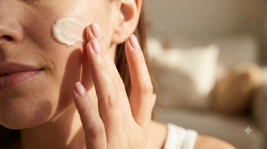 A woman s hand gently applying the creamy baking soda baby oil and petroleum jelly paste to her cheek