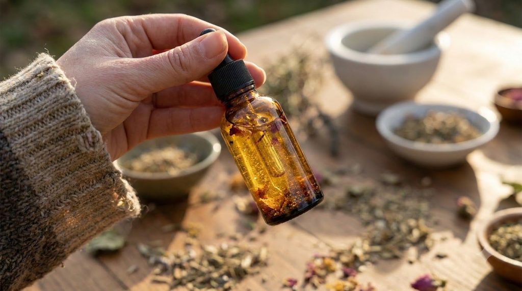 A person s hand gently mixing a small glass dropper bottle filled with golden oil surrounded by a soft natural light emp