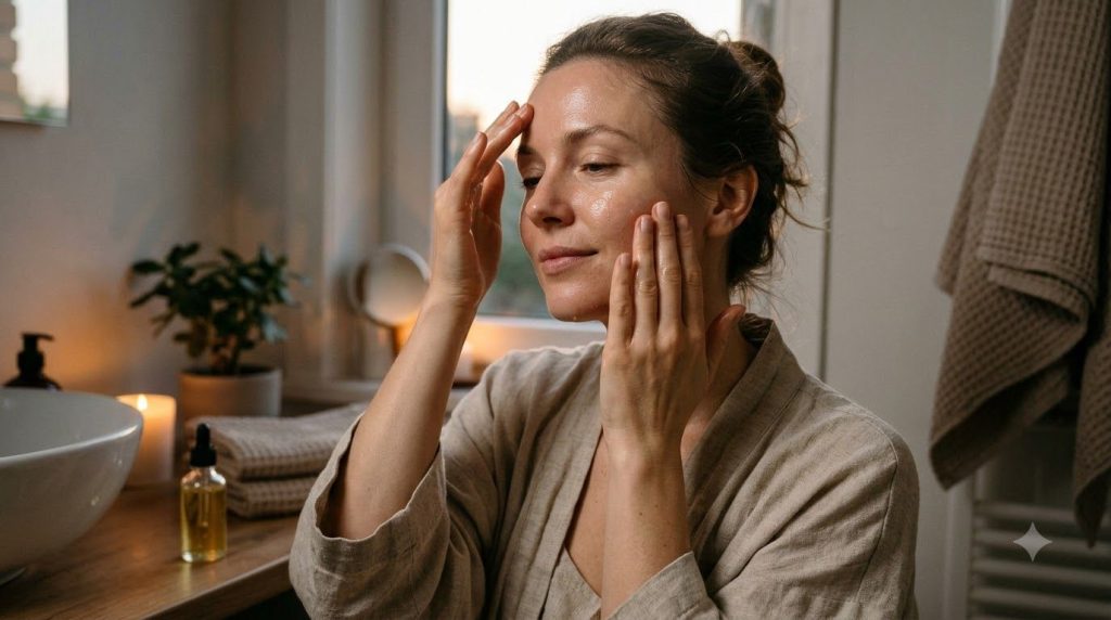 A woman gently massaging a few drops of facial oil onto her clean face with soft glowing skin in a bathroom setting at d