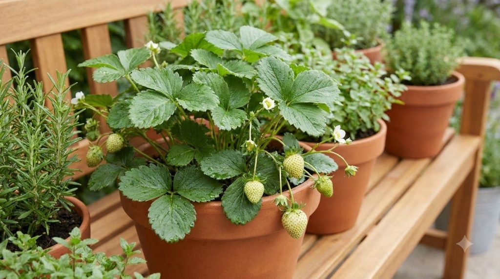 A healthy strawberry plant with developing green berries ready to flower or just beginning to set fruit in a container g