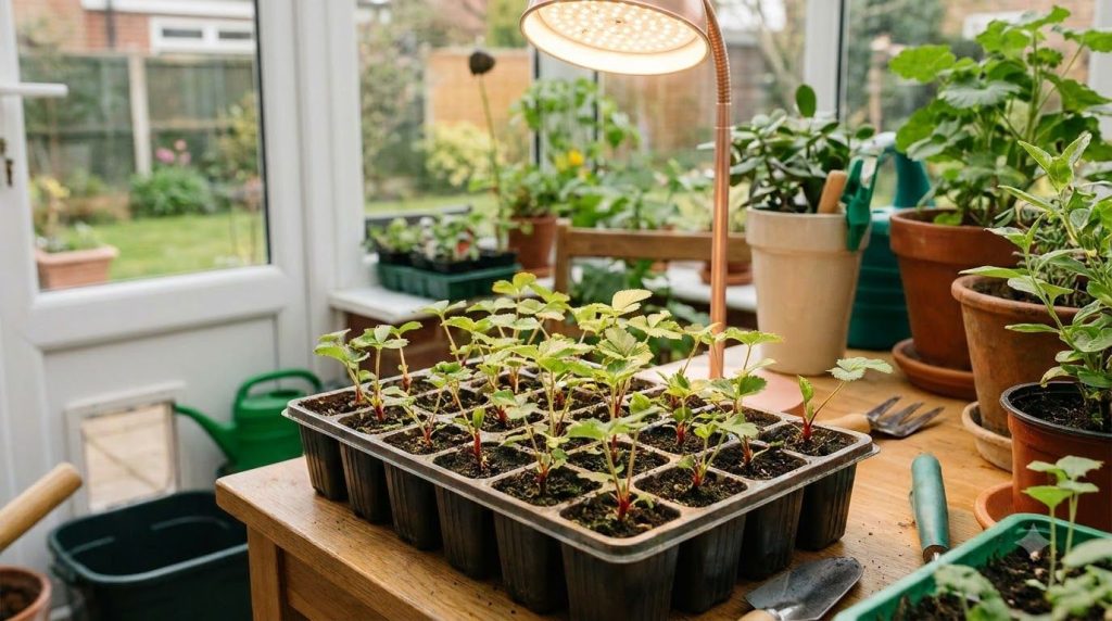 Small strawberry seedlings growing in a planting tray under a grow light The seedlings have a few sets of true leaves