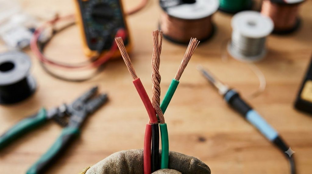 A close-up of three copper electrical wires twisted together ready to have a wire nut applied against a blurred backgrou
