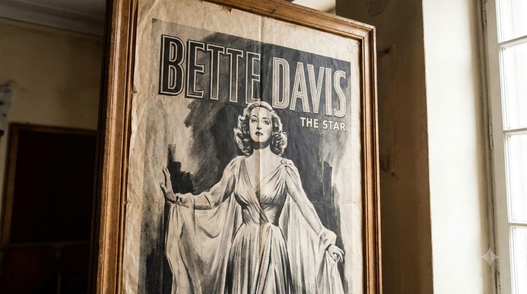 A vintage movie poster featuring Bette Davis highlighting one of her famous films