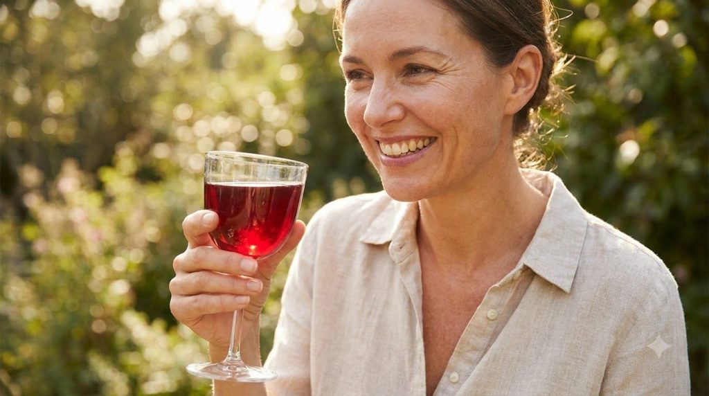 A woman smiling holding a glass of the red elixir appearing healthy and radiant in a soft sunlit setting