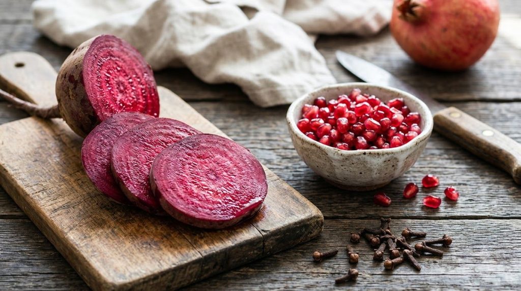 Raw ingredients for the elixir a sliced beetroot fresh pomegranate seeds in a bowl and whole cloves arranged on a rustic