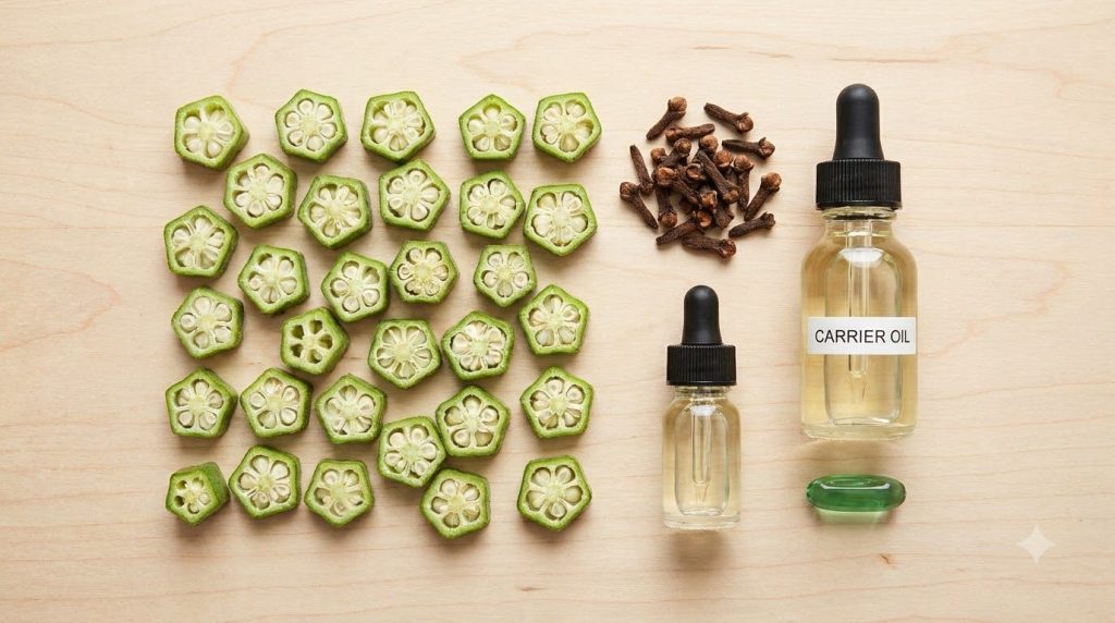 Various ingredients for the night gel laid out sliced okra whole cloves a bottle of carrier oil and a Vitamin E capsule
