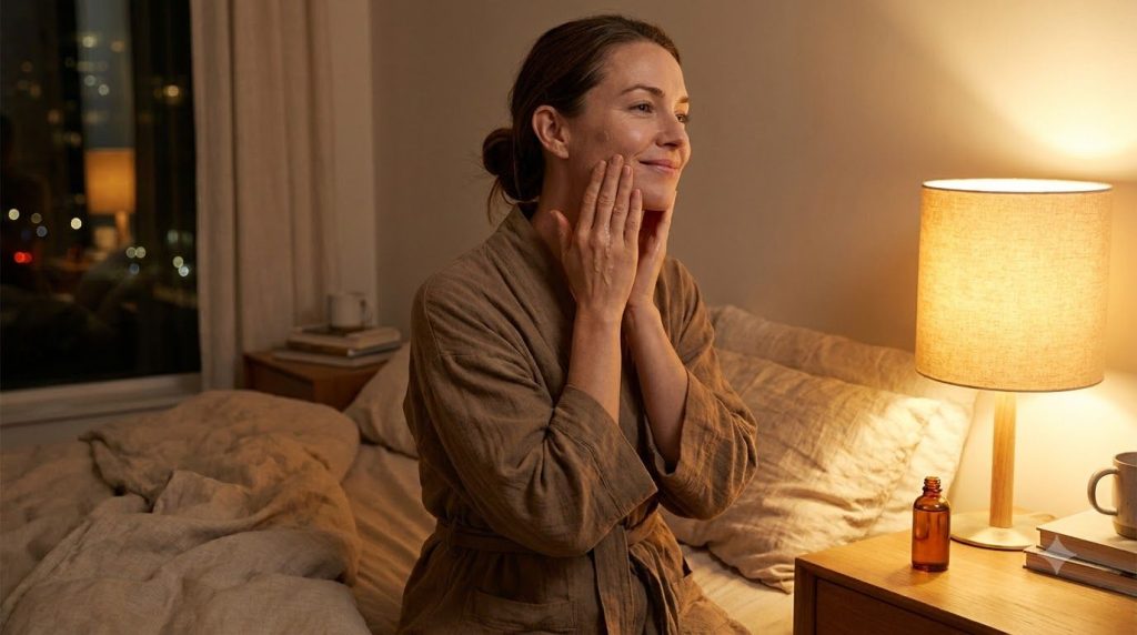 A woman gently massaging a few drops of the homemade night gel onto her face at night with a soft glow