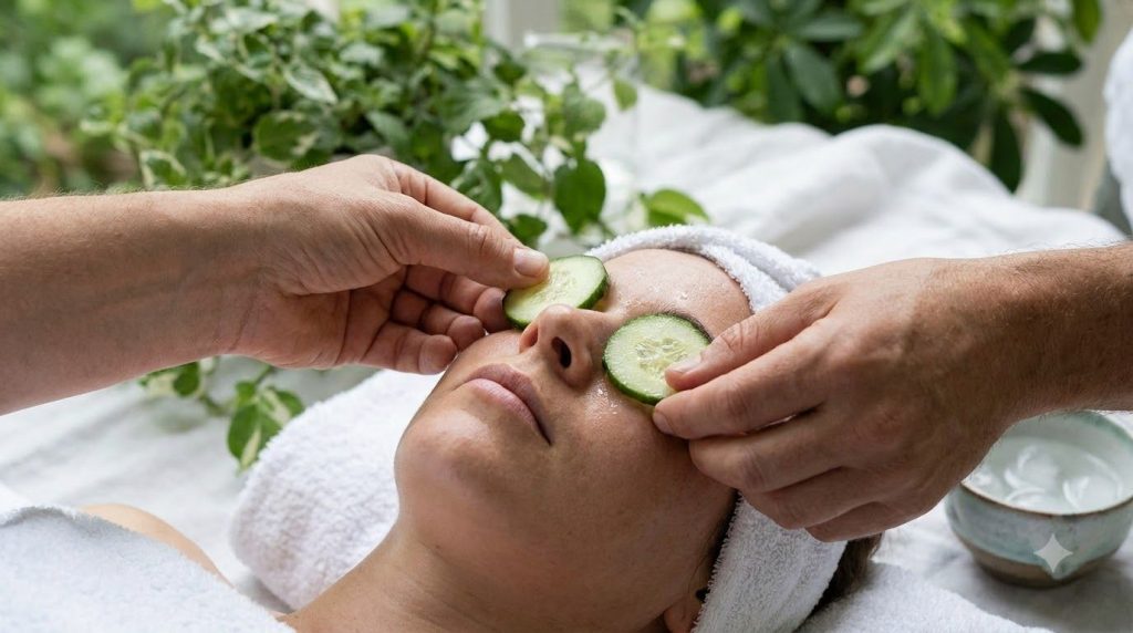 A pair of hands gently placing chilled cucumber slices over closed eyes for a soothing effect with a fresh natural backg
