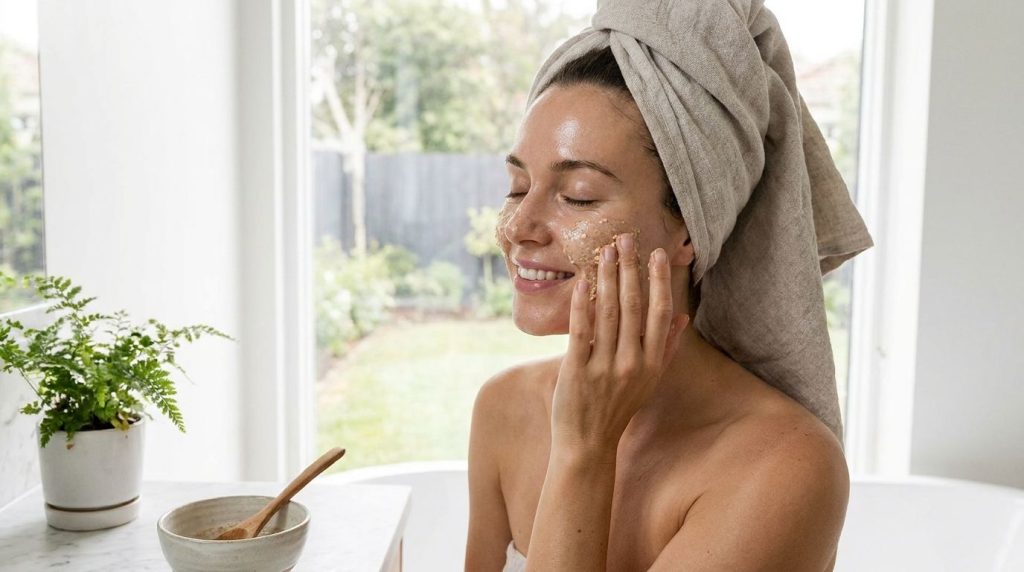 A woman gently applying a homemade face mask to her clean face with a soft glowing complexion in a bright bathroom setti