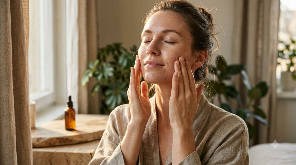 A woman gently massaging natural facial oil onto her face focusing on cheekbones with a serene expression in soft warm l
