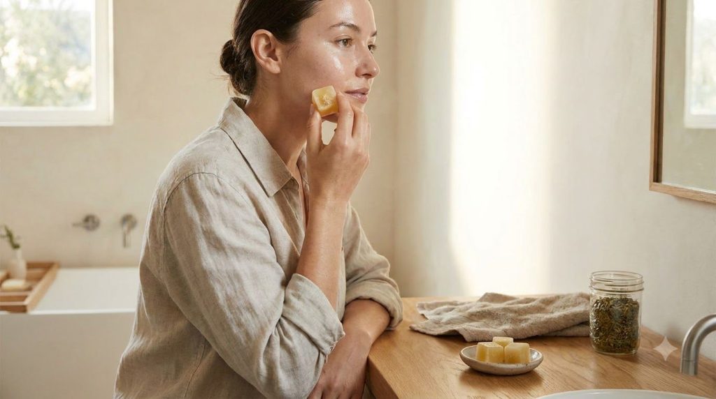 A person gently rubbing a DIY retinol cube over their clean face with a soft glowing complexion in a bright bathroom set