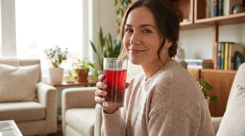 A woman holding a glass of the red beauty drink with chia seeds smiling and looking refreshed in a bright cozy setting
