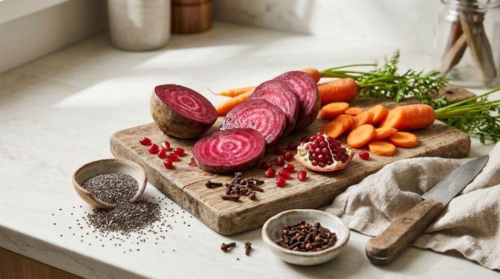 Various fresh ingredients for a beauty drink laid out on a clean kitchen counter sliced beetroot sliced carrot pomegrana
