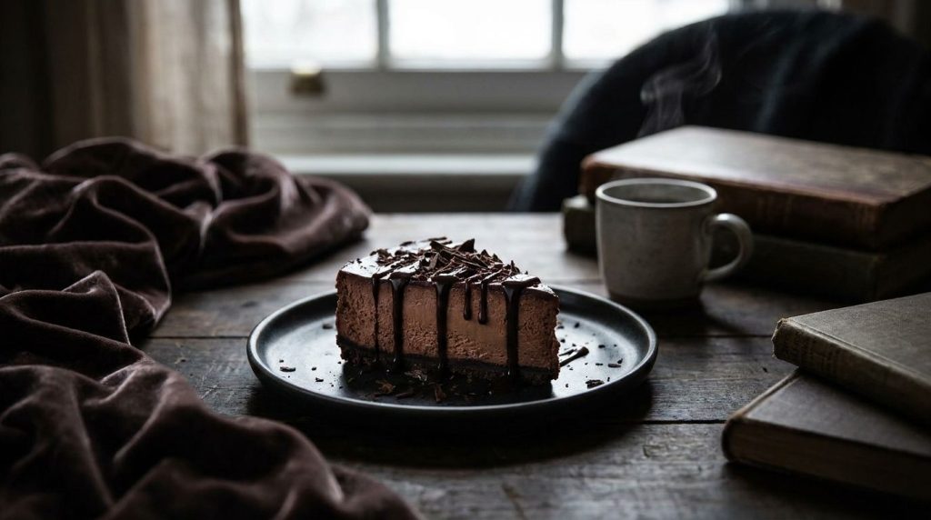 A rich chocolate no-bake cheesecake slice topped with chocolate shavings and a drizzle of chocolate sauce The cheesecake