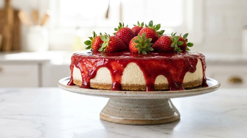 A beautiful strawberry no-bake cheesecake with a glossy strawberry topping and fresh whole strawberries on top The base 