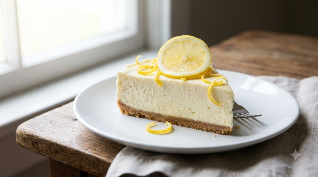 A light and airy lemon no-bake cheesecake slice on a white plate garnished with fresh lemon zest and a thin lemon slice 