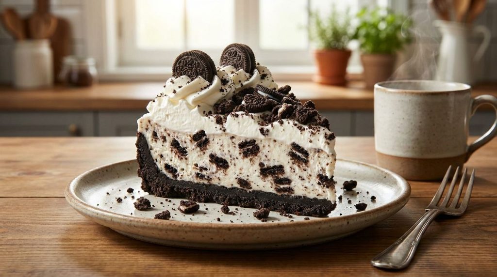 A cross-section of an Oreo no-bake cheesecake showing the dark Oreo crust and the creamy white filling with crushed Oreo
