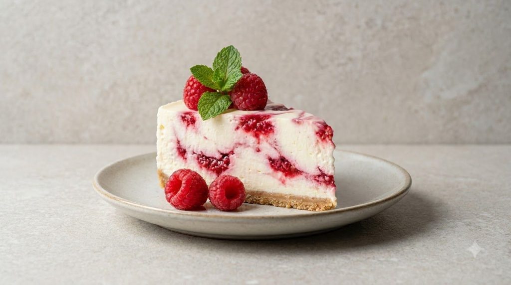 A raspberry swirl no-bake cheesecake slice with vibrant red raspberry streaks through the creamy white filling It s garn