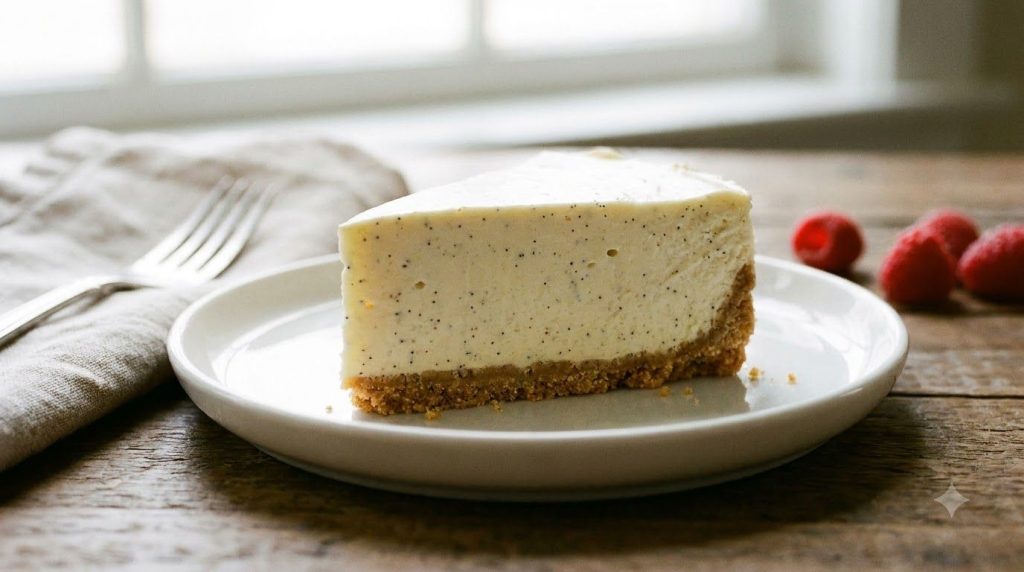 A beautifully simple vanilla bean no-bake cheesecake slice showing flecks of vanilla bean It s on a plain white plate cl