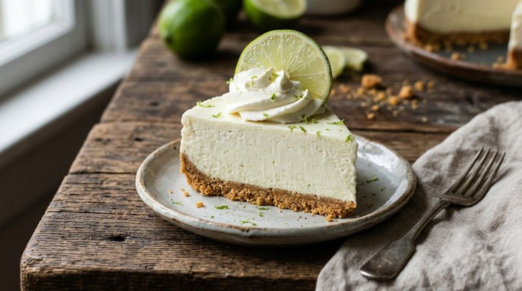 A slice of key lime no-bake cheesecake with a pale green hue topped with a dollop of whipped cream and a thin lime slice