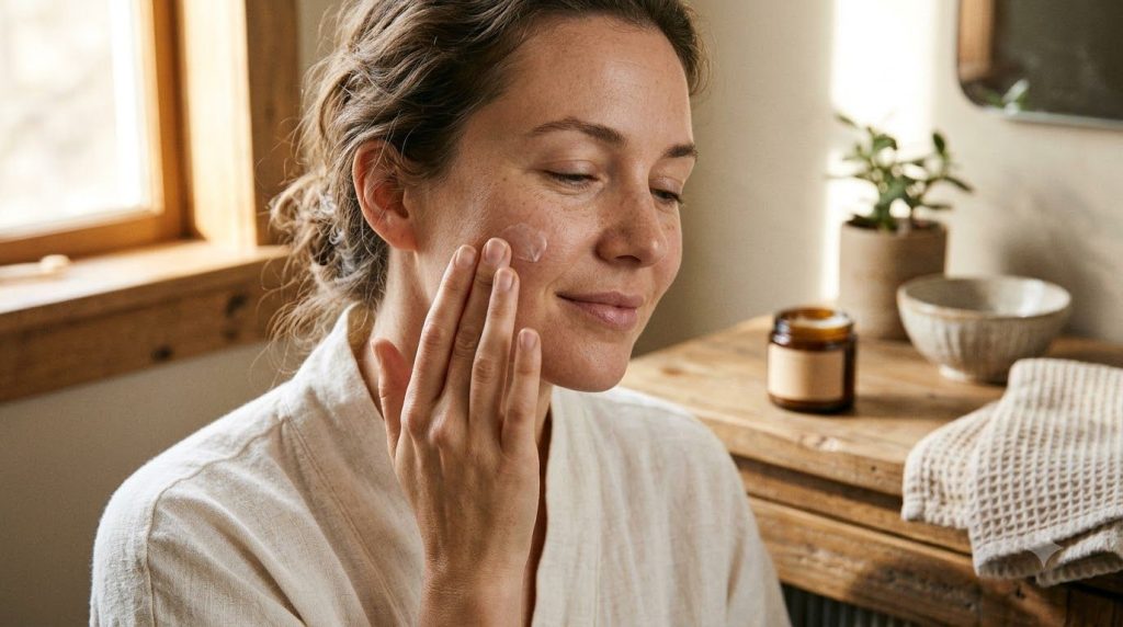 A woman gently applying the homemade cream to her face smiling softly The cream is visibly absorbed into her skin leavin