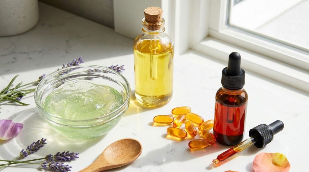 Various natural skincare ingredients laid out on a clean surface a bowl of aloe vera gel a bottle of sweet almond oil a
